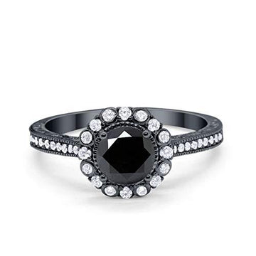 Filigree Halo Engagement Bridal Ring Round Black Tone, Simulated Black CZ 925 Sterling Silver